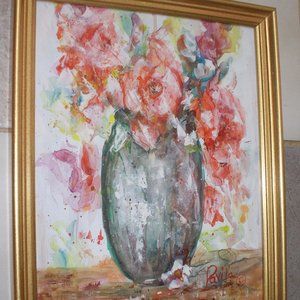 Original "Red Robin Floral" impressionistic watercolor painting, 11"x14" signed